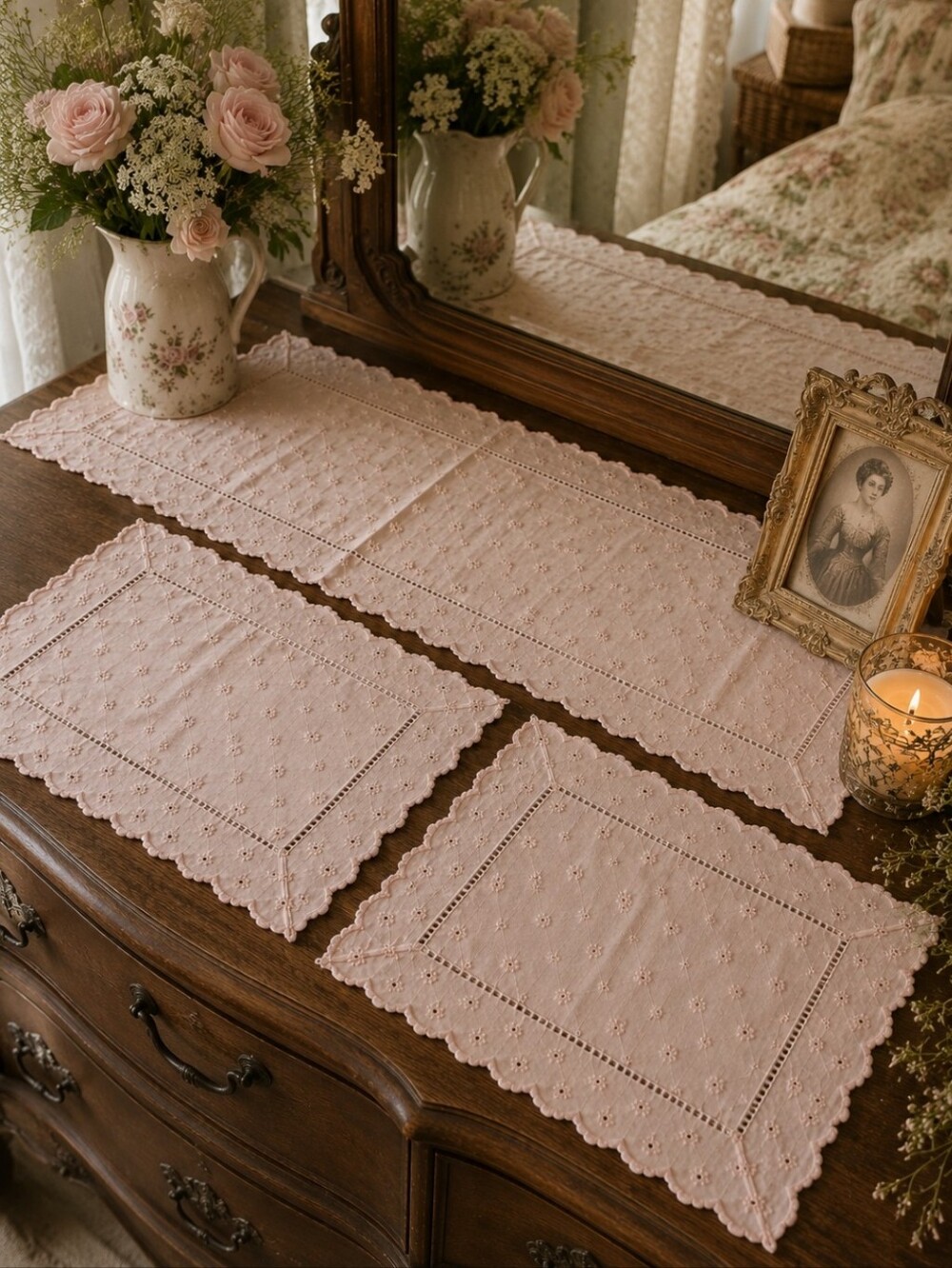 Vintage Pink Eyelet Linen Dresser Scarf & 2 Doily Set Cottagecore